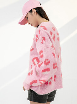 Pink Crew Neck Pullover Print Sweet Sweater