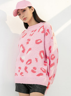 Pink Crew Neck Pullover Print Sweet Sweater