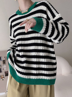 Crew Neck Long Sleeve Striped Pullover Sweater