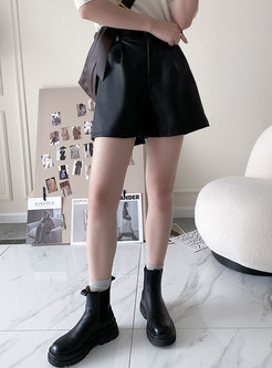 High Waisted Leather Winter Wide Leg Shorts