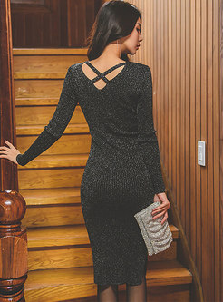 Sexy V-neck Long Sleeve Sheath Sweater Dress