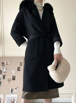 Fox Fur Hooded Straight Long Wool Overcoat