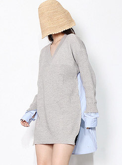 V-neck Plus Size Patchwork Long Sweater