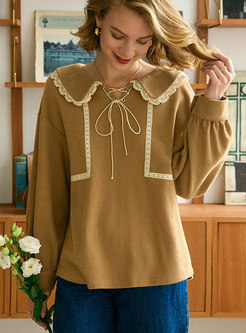 Lace Patchwork Long Sleeve Pullover Sweet Blouse