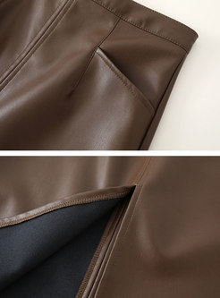 High Waisted Leather Straight Midi Skirt