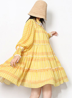 Lace Patchwork Long Sleeve Striped Shift Dress