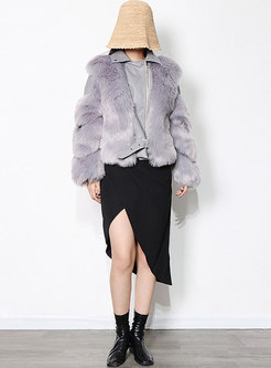 Turn-down Collar Leather Patchwork Faux Fur Coat