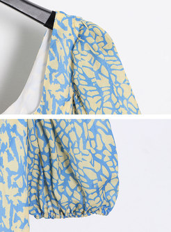 Square Neck Puff Sleeve Print Boho Maxi Dress