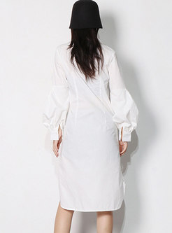 White V-neck Lantern Sleeve Sheath Shirt Dress