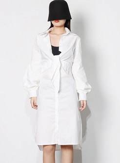 White V-neck Lantern Sleeve Sheath Shirt Dress