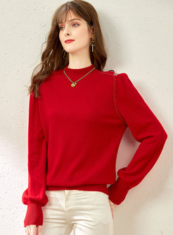 Mock Neck Beaded Soft Pullover Wool Sweater