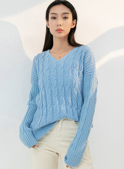 V-neck Long Sleeve Ribbed Cable-knit Sweater