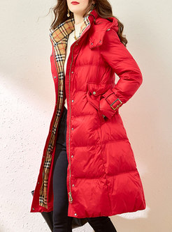 Hooded Plaid Patchwork A Line Down Coat