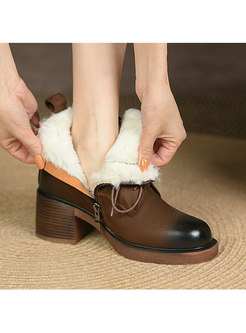 Retro Rounded Toe Short Plush Lined Ankle Boots