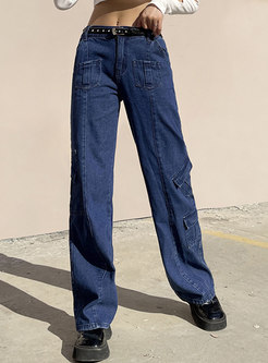 High Waisted Flap Pockets Wide Leg Jeans