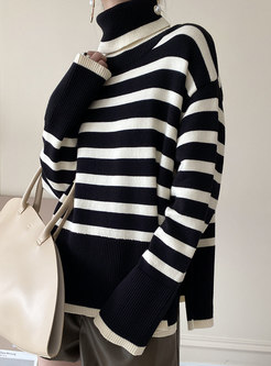 Turtleneck Long Sleeve Striped Loose Sweater