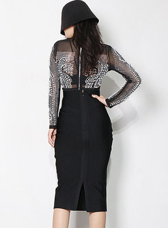 Sexy Square Neck Sheer Beaded Bodycon Skirt Suits