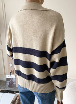 V-neck Striped Long Sleeve Loose Sweater