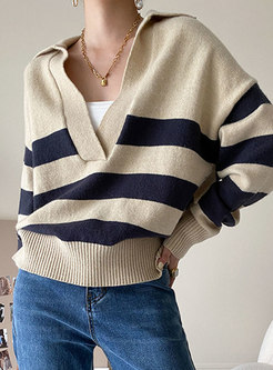 V-neck Striped Long Sleeve Loose Sweater