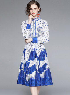 Long Sleeve Floral A Line Pleated Dress