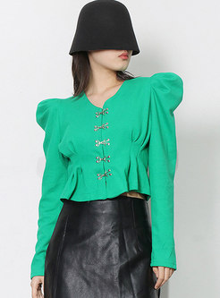 V-neck Puff Sleeve Cropped Blouse