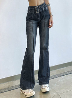 Low Rise Belted Washed Denim Flare Pants