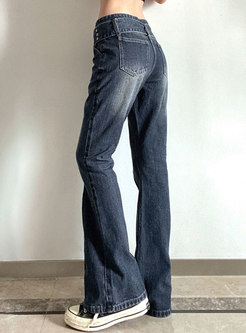 Low Rise Belted Washed Denim Flare Pants