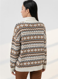Turtleneck Plaid Jacquard Pullover Sweater