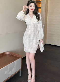 V-neck Long Sleeve Patchwork Tweed Mini Dress