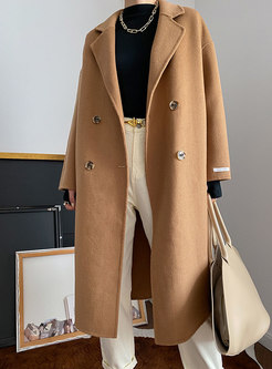 Solid Double-breasted Long Wool Blend Peacoat