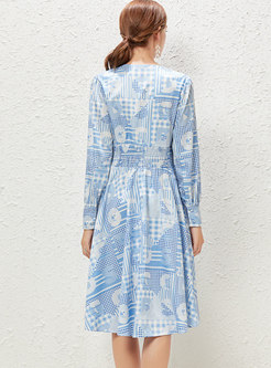 Long Sleeve Geometric Pattern A Line Dress
