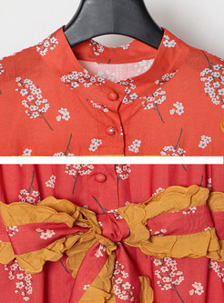 Mock Neck Button-down Print A Line Dress