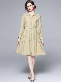 Sweet Long Sleeve Belted Single-breasted Shirt Dress