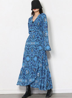 V-neck Long Sleeve Print Big Hem Boho Maxi Dress