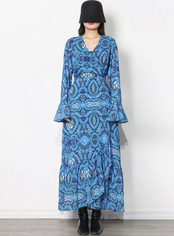 V-neck Long Sleeve Print Big Hem Boho Maxi Dress