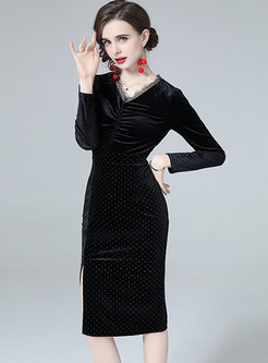 Black Velvet Long Sleeve Ruched Polka Dot Dress