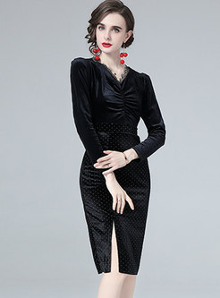 Black Velvet Long Sleeve Ruched Polka Dot Dress