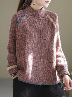 Turtleneck Color-blocked Pullover Loose Sweater