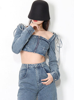 Square Neck Long Sleeve Denim Cropped Blouse & Straight Jeans