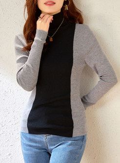 Color-blocked Turtleneck Pullover Slim Sweater