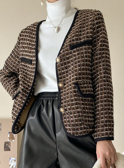 V-neck Single-breasted Tweed Weave Coat