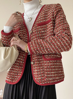 V-neck Single-breasted Tweed Weave Coat