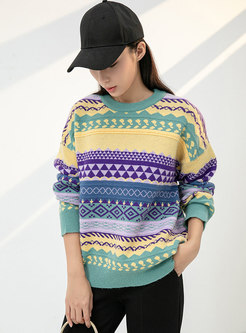 Long Sleeve Geometric Pattern Pullover Sweater