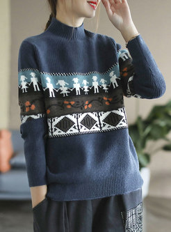 Half Turtleneck Pullover Print Loose Sweater