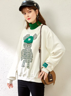 Turtleneck Beaded Bear Loose Pullover Sweatshirt