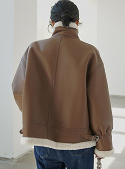Stylish Leather Patchwork Lambswool Loose Jacket
