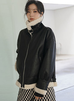 Stylish Leather Patchwork Lambswool Loose Jacket