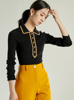 Long Sleeve Ribbed Color-blocked Polo Knit Tops
