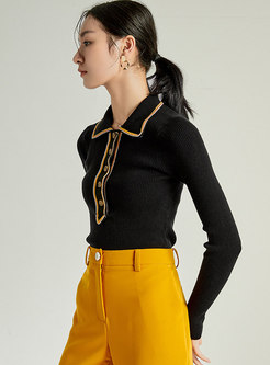 Long Sleeve Ribbed Color-blocked Polo Knit Tops