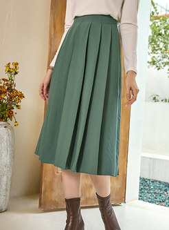 Brief Solid High Waisted Pleated Midi Skirt